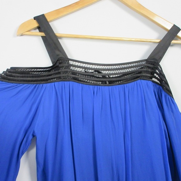 Guess by Marciano 100% Silk Blouse S Blue Cold Shoulder Long Sleeve Y2K 172 - Picture 6 of 11